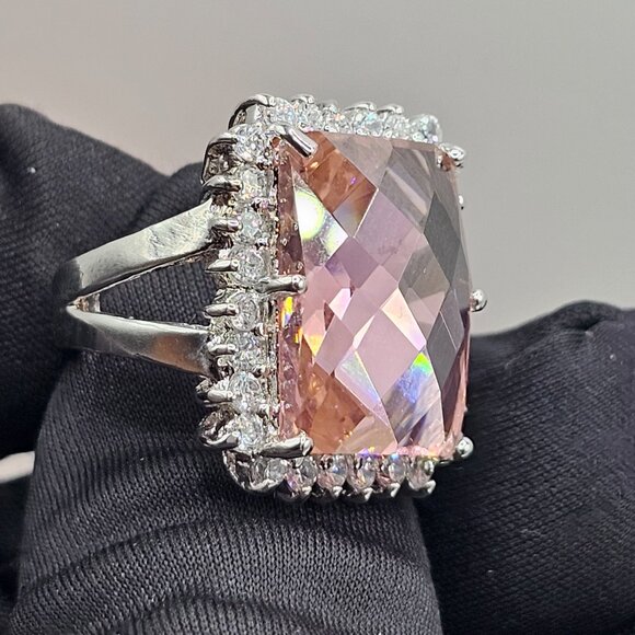 Sterling Silver 925 Rhodium Plated Large Pink CZ Cocktail Ring - Picture 11 of 12